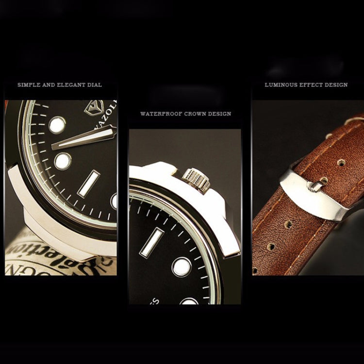 Men's sports watch dial close-up with bright markers and brown leather strap detail