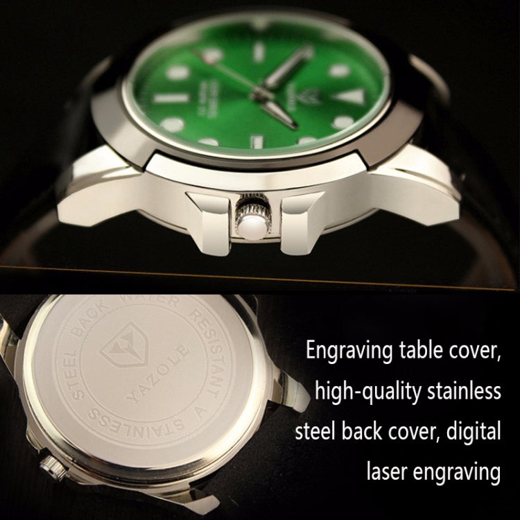 Men's sports watch with green dial; front and back case close-up, metal crown