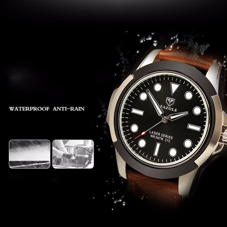 Men's sports watch with black dial and brown leather strap, silver-toned round case
