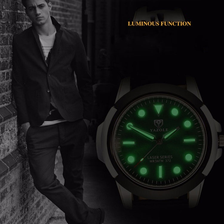 Men's sports watch with green luminous dial and dark leather strap, round bezel