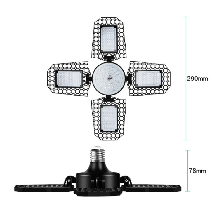 LED grow lamp diagram showing four panel heads and a threaded E26-style base