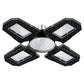 LED plant grow lamp with four square LED panels and round center emitter, black stand