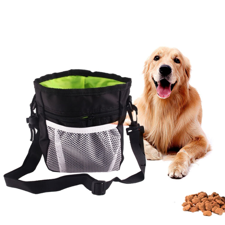 Black pet training snack bag with neon green lining, mesh front pocket, adjustable strap