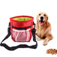 Red pet training snack bag with neon green lining and mesh front pocket, adjustable waist strap