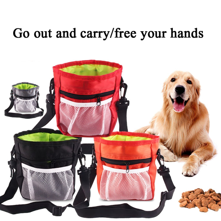 Two-in-one pet training waist bag in black and red, mesh pocket and adjustable shoulder strap