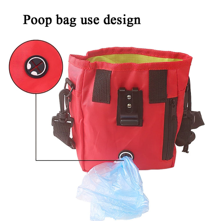 Red pet training bag with belt strap, side clips, and poop-bag holder attachment