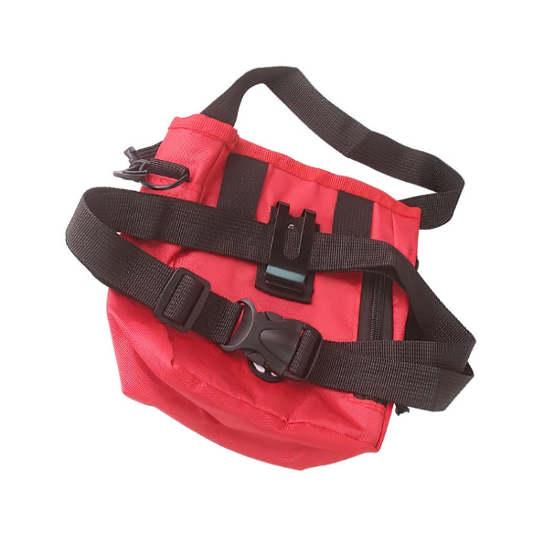 Red pet training snack waist bag with adjustable belt buckle and multiple attachment straps