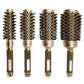 Set of ceramic roller hair brushes with gold barrels, black bristles, and textured handles