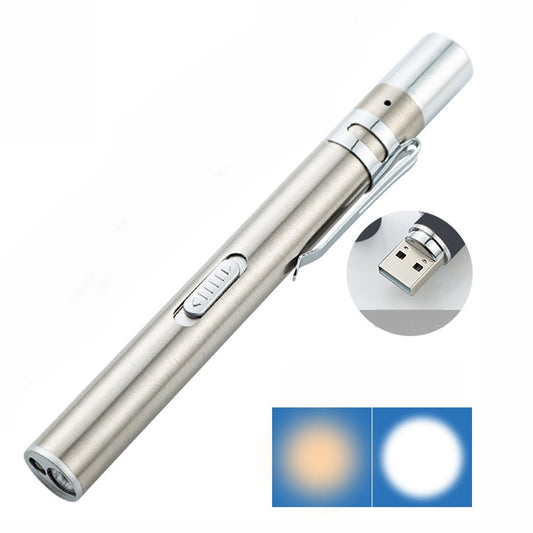 Silver LED pen light with dual light output, USB charging connector detail