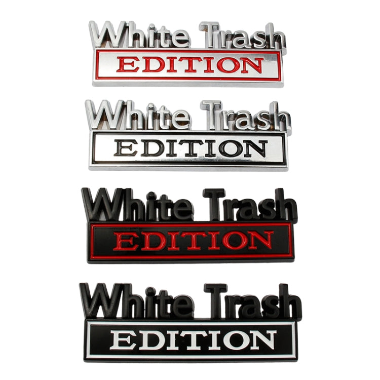 Assorted White Trash Edition car label stickers with white, red, and black frames