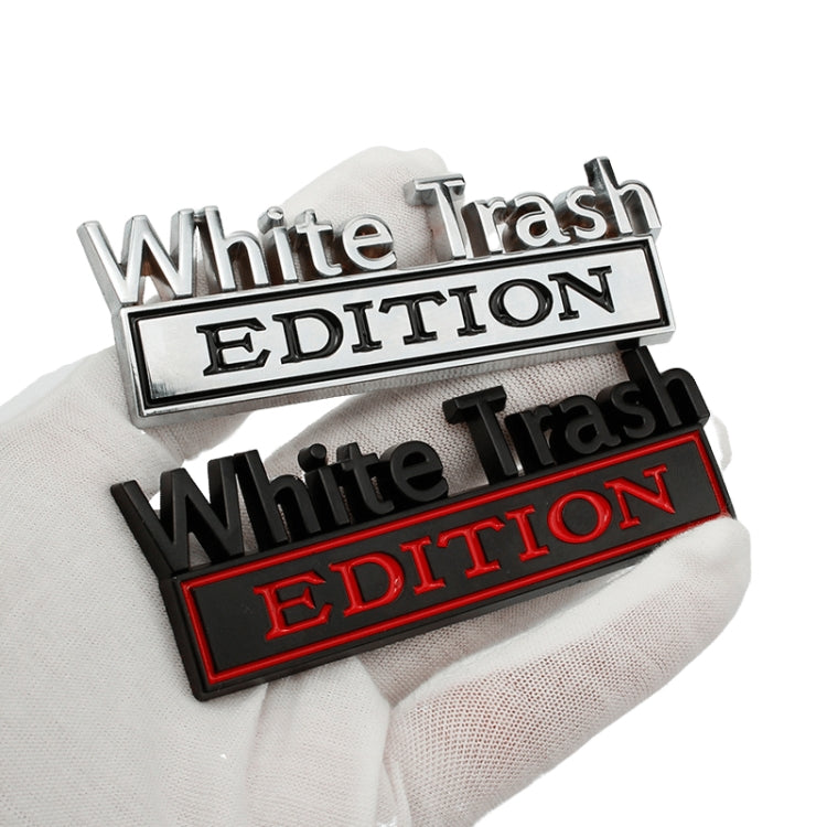 White Trash Edition car label stickers on white fabric, chrome and black/red versions