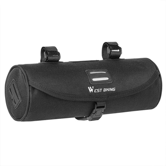 Black bicycle crossbeam drum bag with WEST BIKING logo, top flap and mounting straps
