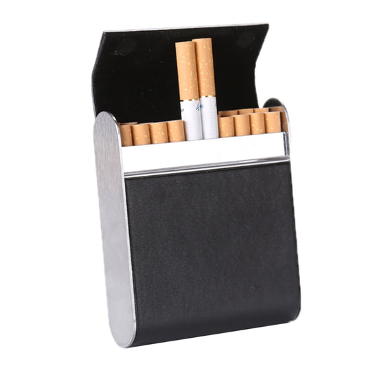 Black leather-look magnetic cigarette case with metal frame, open and holding cigarettes