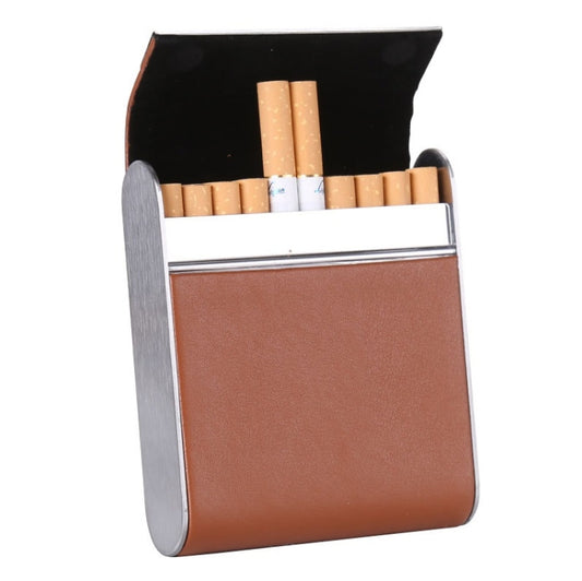 Coffee-brown leather-look magnetic cigarette case with metal frame, open and holding cigarettes