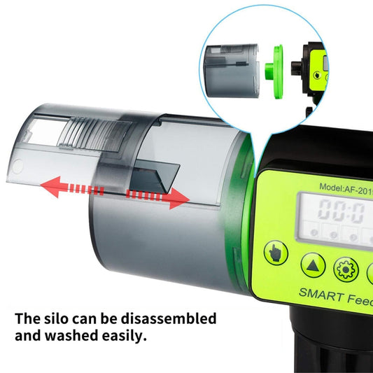 Smart feeder with transparent food drum and adjustable side mounting bracket detail