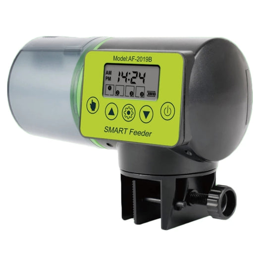 Smart fish tank automatic feeder with lime LCD control panel and black mounting bracket