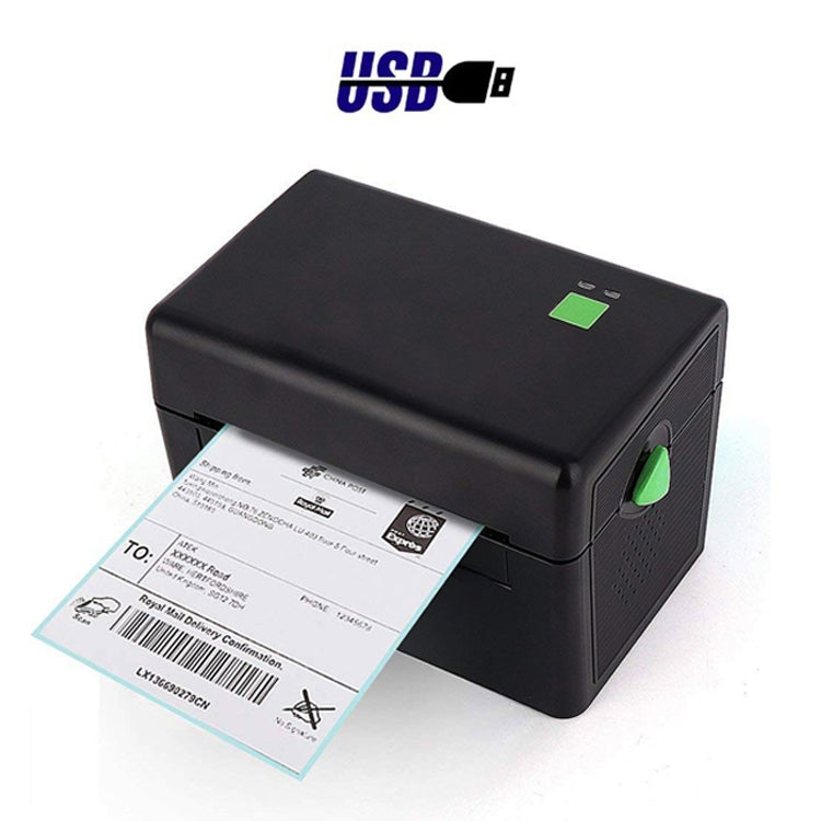 Thermal label printer with green status light, printing a shipping label