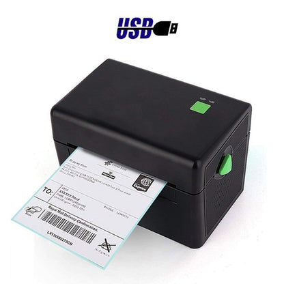 Thermal label printer with green status light, printing a shipping label