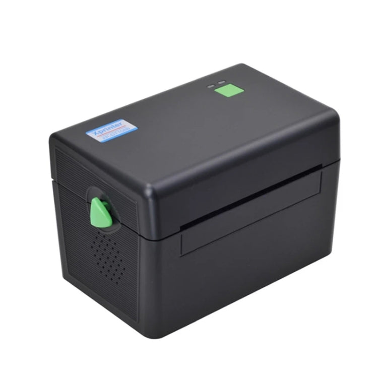 Thermal label printer front corner view with green button and label feed slot