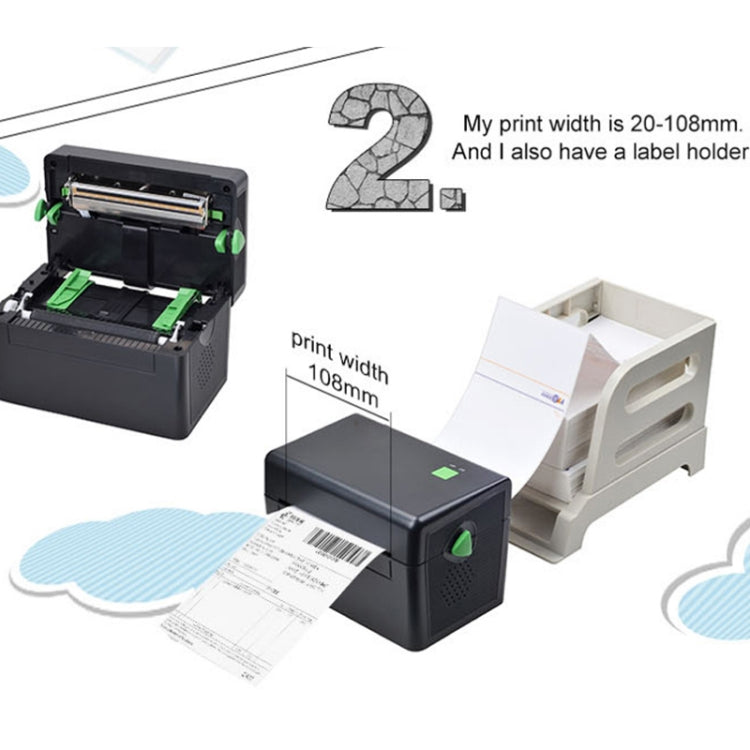 Thermal label printer with open cover showing label roll and 108mm print width