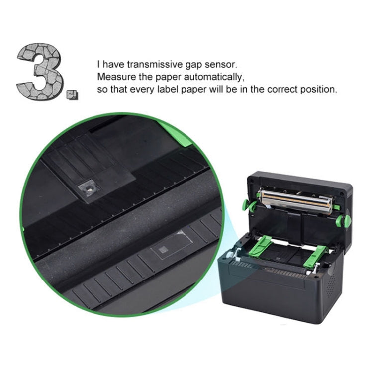 Thermal label printer with opened top and green paper guide sensor window