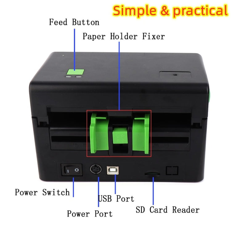 Thermal label printer rear panel showing power switch, USB port, and SD card reader