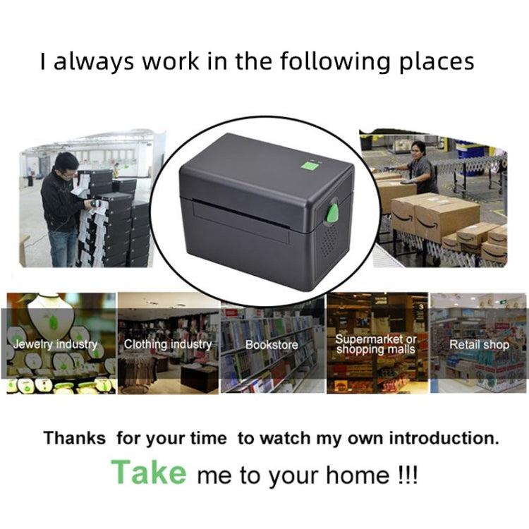 Thermal label printer centered with close-up inset, green status light on top