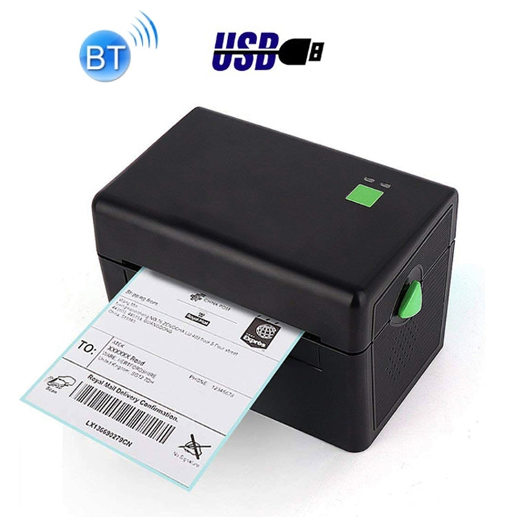 Thermal label printer with Bluetooth icon and green status light, printing label