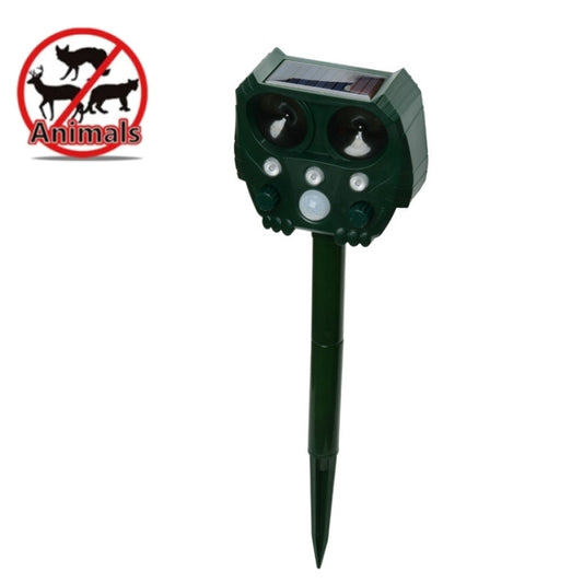 Solar ultrasonic insect repellent device, green stake with two speaker grills and sensor