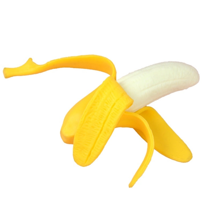 Peeling banana vent toy with curved yellow peel, cream banana segment, and loop handles