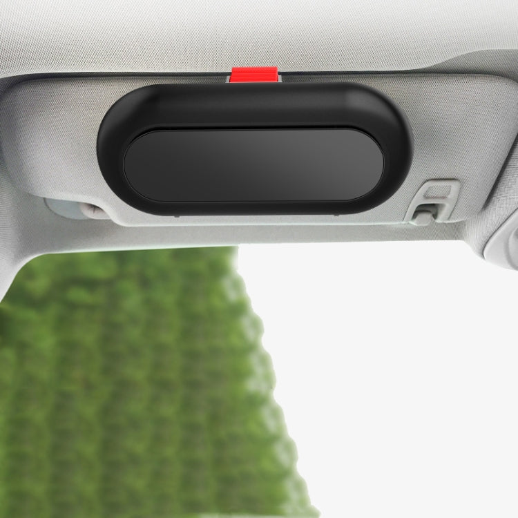 Black car glasses visor storage case with single snap mount, oval lid closed