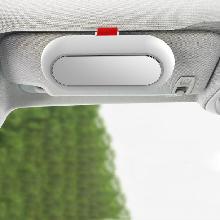 White car glasses visor storage case with single snap mount, oval lid closed