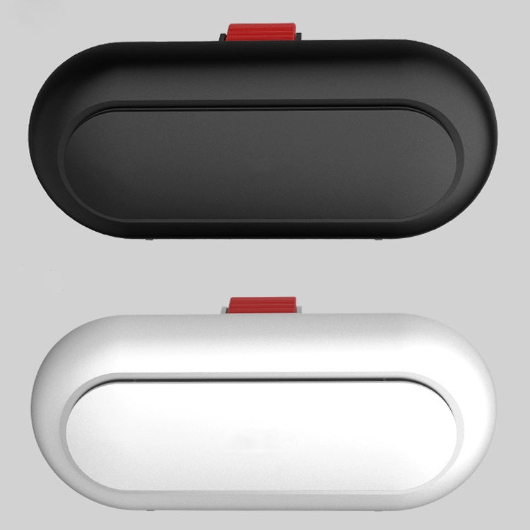 Black and white car glasses visor storage case, oval lids with snap tab