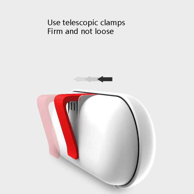 White visor glasses storage case with telescopic clamp, oval snap-on bracket