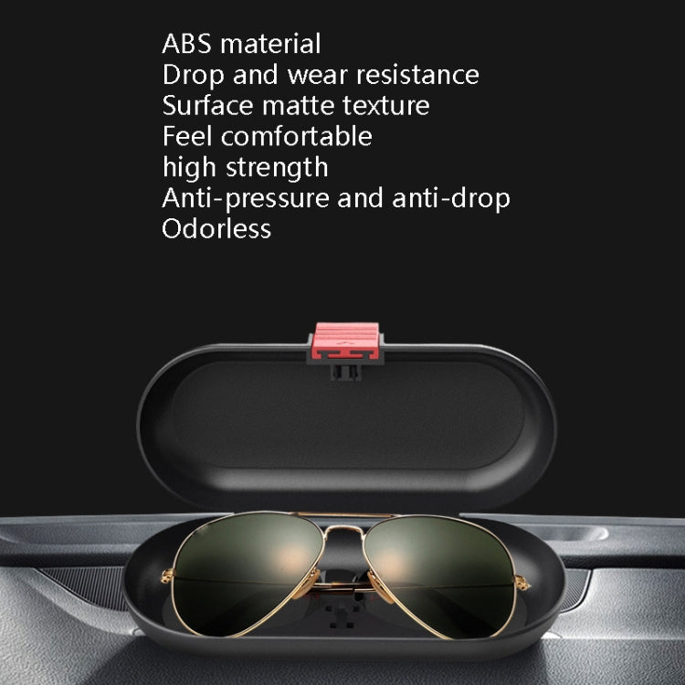 Black visor glasses storage case with sunglasses inside, oval lid closed