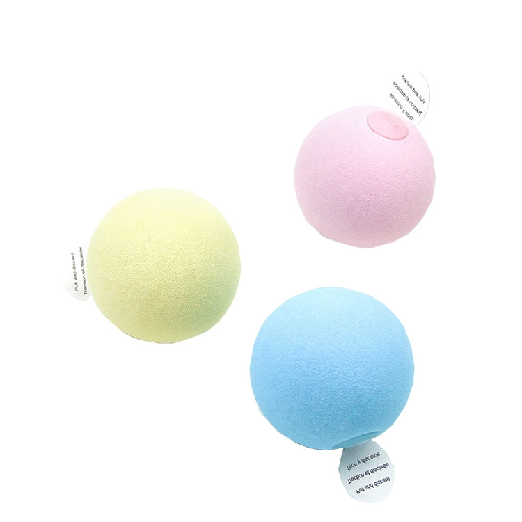 Set of 3 EVA cat toy vocal balls: pink, blue, and yellow plush spheres