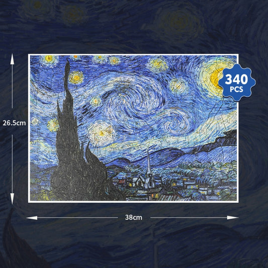 340-piece wooden puzzle with blue starry night artwork and size label