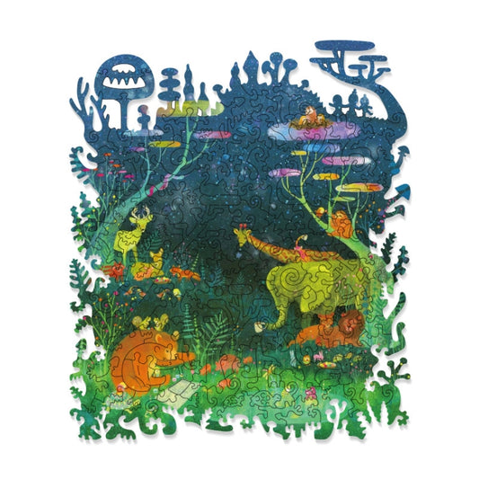 Colorful irregular wooden jigsaw puzzle with ocean, forest, and animal pieces