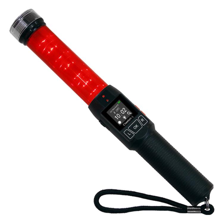 Red breath alcohol tester wand with black handle, screen window, and attached strap