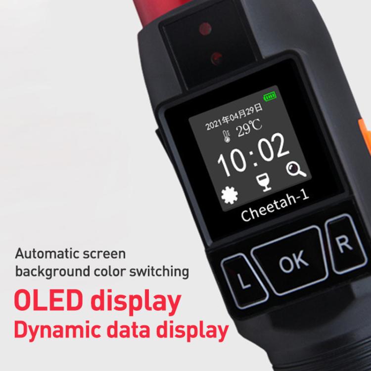 Close-up of alcohol tester OLED display on black baton handle