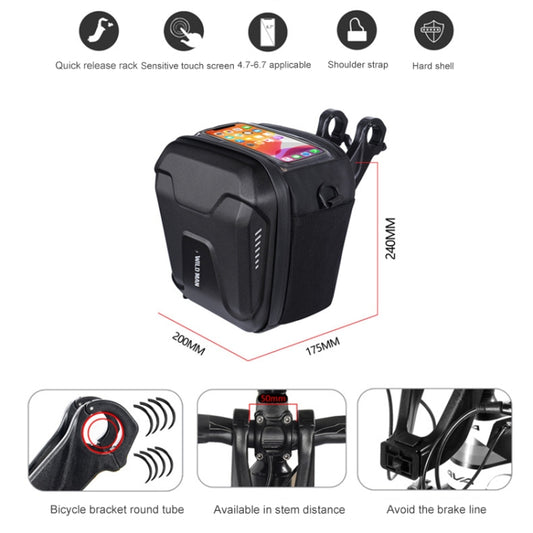 Black bike head bag with touch screen window and mounting clips on top