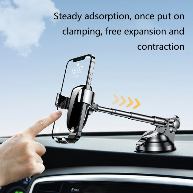 Magnetic suction car phone holder with telescopic arm; hand mounts securely