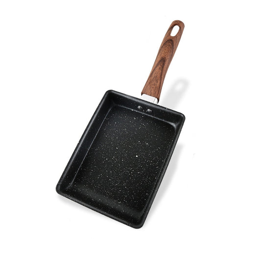 Square speckled nonstick frying pan with wood-grain handle