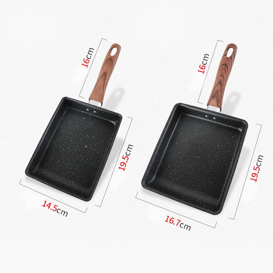 Square nonstick frying pan with wood-grain handle, two size views