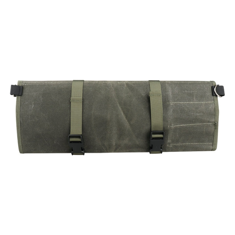 Olive green oil-wax canvas knife storage roll bag with two front buckle straps