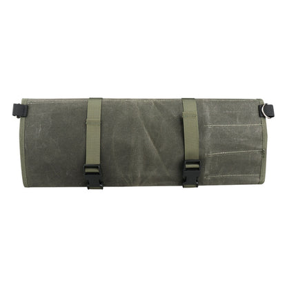 Olive green oil-wax canvas knife storage roll bag with two front buckle straps