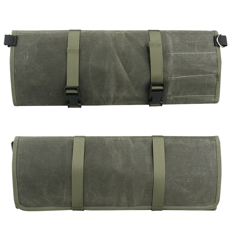 Olive green canvas knife storage roll bag, folded with front buckle closure