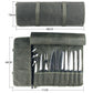 Olive green knife roll bag with knife slots, rolled cover, and measuring diagram