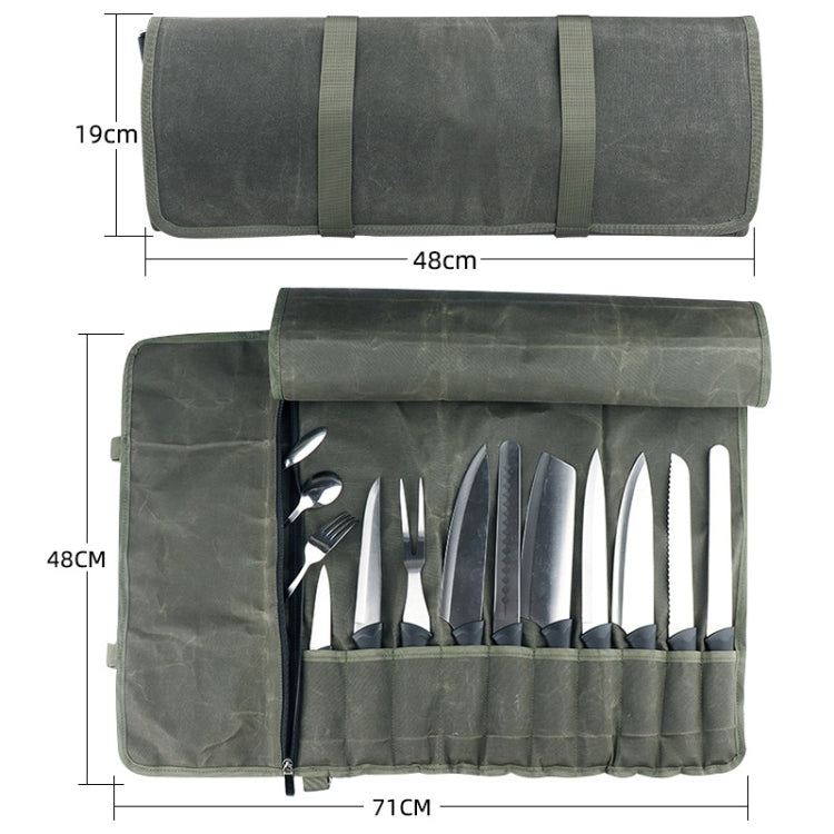 Olive green knife roll bag with knife slots, rolled cover, and measuring diagram