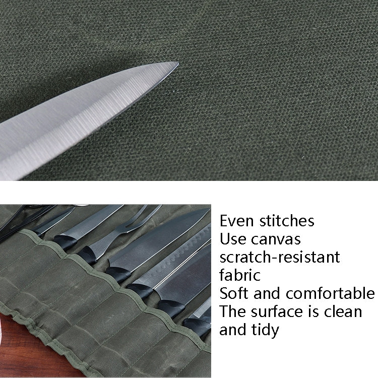 Olive green oil-wax canvas roll knife case with stitched fabric and knife edge